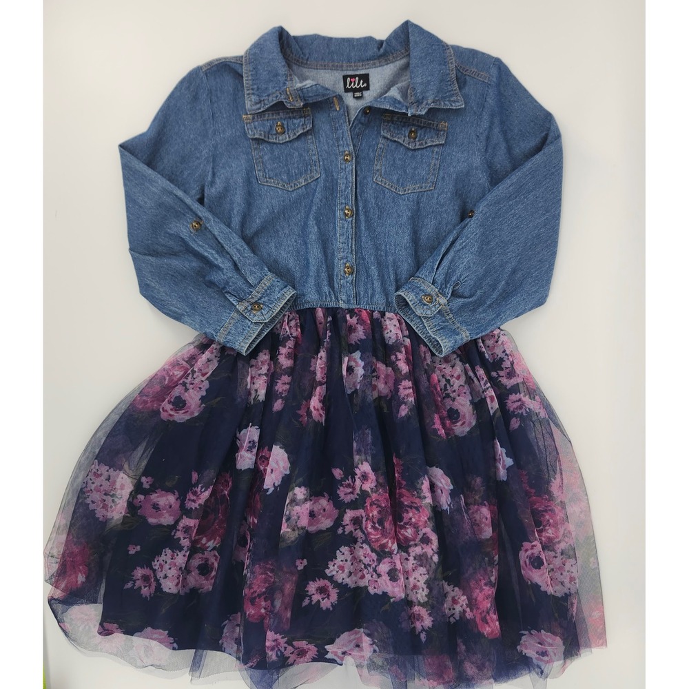 Lilt Girls Denim and Floral Tulle Tutu Dress Blue Pink XL 18.5 Long Sleeve